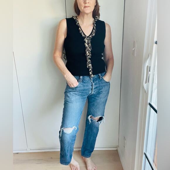 Vintage Ruffle Trim Ribbed Tank Top Black & Animal Print Detail Y2K Glam - Picture 7 of 9